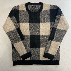 Lucky Brand Tan Plaid Buffalo Check Fuzzy Wool Blend Long Sleeve Sweater Size M